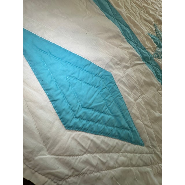 Vintage Hand Quilted Turquoise And White Lone Star Quilt A charming hand-pieced and hand-quilted American Lone Star quilt...