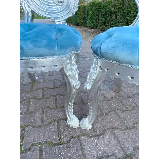 1970s 1970s Italian Rococo Silver Beech Velvet Side Chairs Pair For Sale - Image 5 of 12