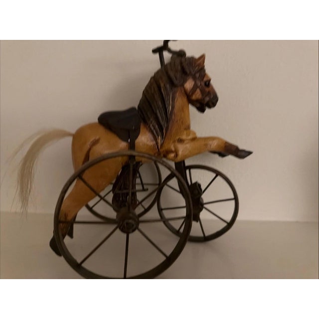 Wood Antique Toy Hand Carved Horse Tricycle - Wood And Metal with Leather Saddle For Sale - Image 7 of 7