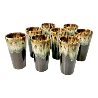 1980s Brutalist Boho Chic Arts & Crafts Lava Dripped Ironstone Glasses - Set of 8 For Sale