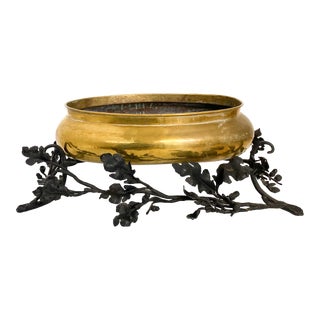 Large Antique French Hammered Brass and Wrought Iron Floral Centerpiece Bowl/ Jardiniere For Sale