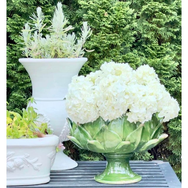 Rustic European Italian Majolica Artichoke Pedestal Bowl, Emerald Green For Sale - Image 3 of 8