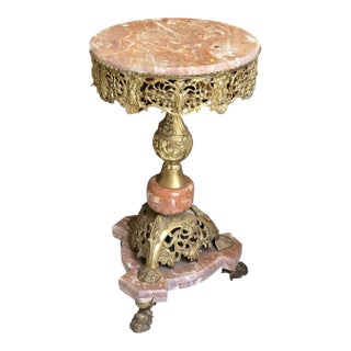 Bronze Pedestal Side Table With Marble Top & Hand-Gilded Ornate Details For Sale