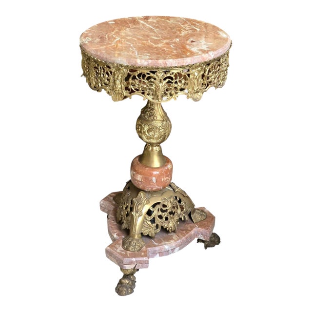 Bronze Pedestal Side Table With Marble Top & Hand-Gilded Ornate Details For Sale