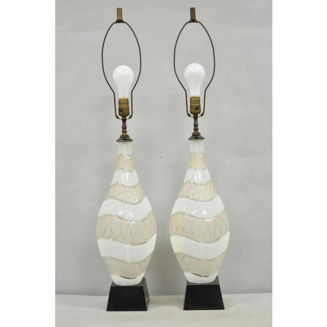Vintage Mid Century Modern Sculpted Frosted Glass Gold Wavy Table Lamps - A Pair For Sale - Image 11 of 11