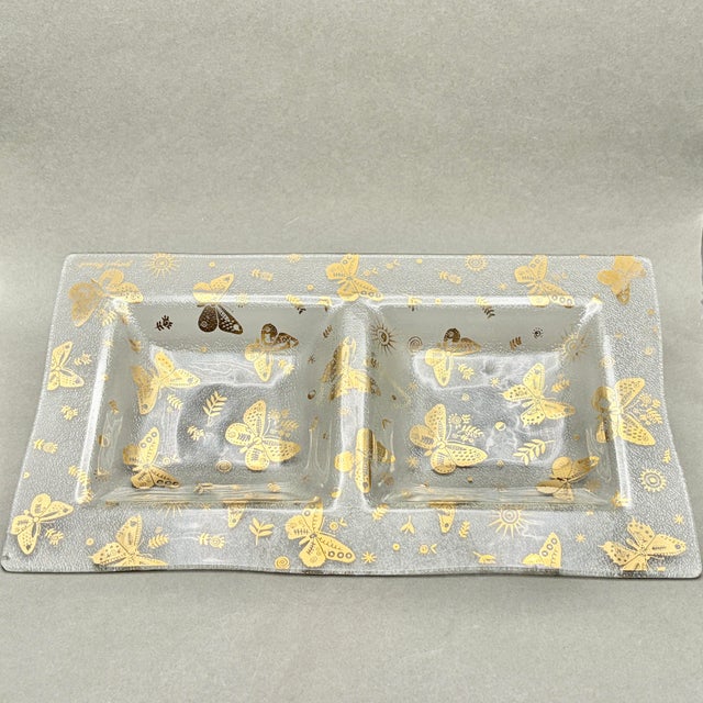 This elegant Mid Century Modern divided serving dish features the iconic "Golden Butterflies" pattern by celebrated...