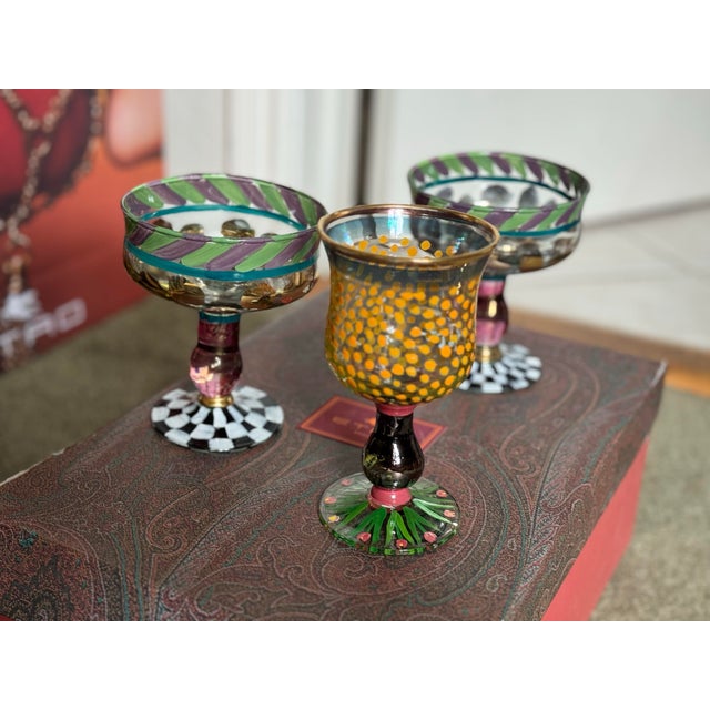 Contemporary Three 1990s Mackenzie Childs Glasses: Champagne Glasses (A Pair) and Picadilly Glass (One) For Sale - Image 3 of 5