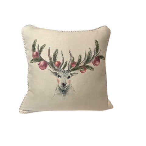 Reindeer With Ornaments on Antlers Linen Pillow For Sale - Image 4 of 4