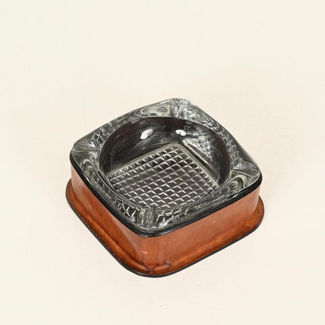 French Leather and Cut Crystal Ashtray attributed to Jacques Adnet, 1960s For Sale - Image 3 of 18