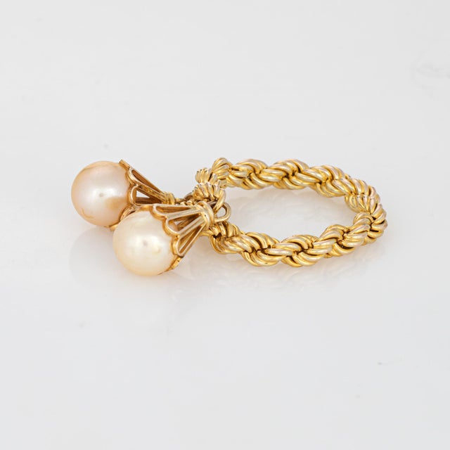 1970s Cultured Pearl Charm Ring 70s Vintage 14k Yellow Gold Rope Flex Band Sz 6 For Sale - Image 5 of 6