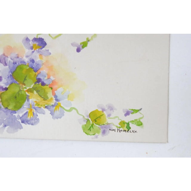 Tiny antique watercolor on cardstock painting of violets. Signed Von Kamecke lower right. Unframed, age toning.
