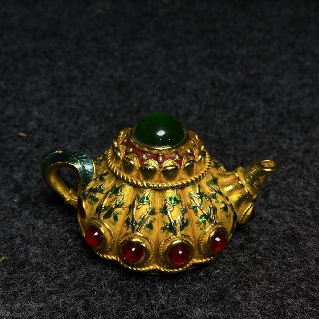 Bronze Late 19th Century Set of 3 Gilt Bronze Miniature Teapots With Gemstones and Box For Sale - Image 8 of 9