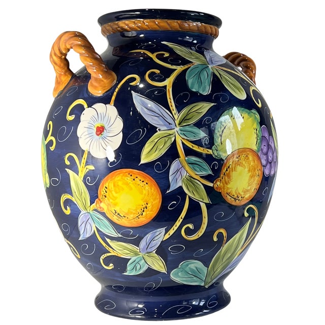 Large 16+ In. Villa Bellagio Majolica Orcio Cobalt Blue Fruit Double-Handled Jug Urn Vase For Sale - Image 10 of 18
