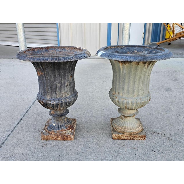 Antique Classical Cast Iron Garden Urn Planters a-Pair For Sale - Image 17 of 18