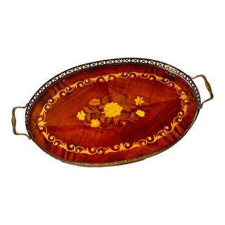 Mid-Century Oval Italian Wood Inlay Marquetry Serving Tray With Twin Brass Handles For Sale
