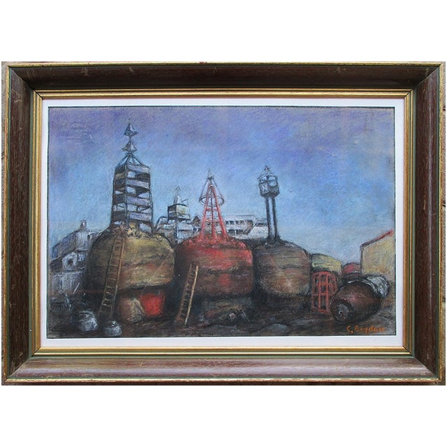 Paper Catul Bogdan, La Cazane (Industrial Harbor Scene), Pastel on Paper, 1970s, Framed For Sale - Image 7 of 7