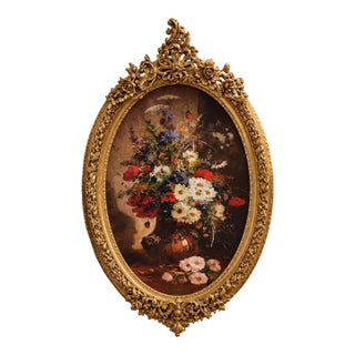 French Louis XVI Floral Wall Panel – Oval Decorative Artwork With Gilded Gold Leaf Frame For Sale