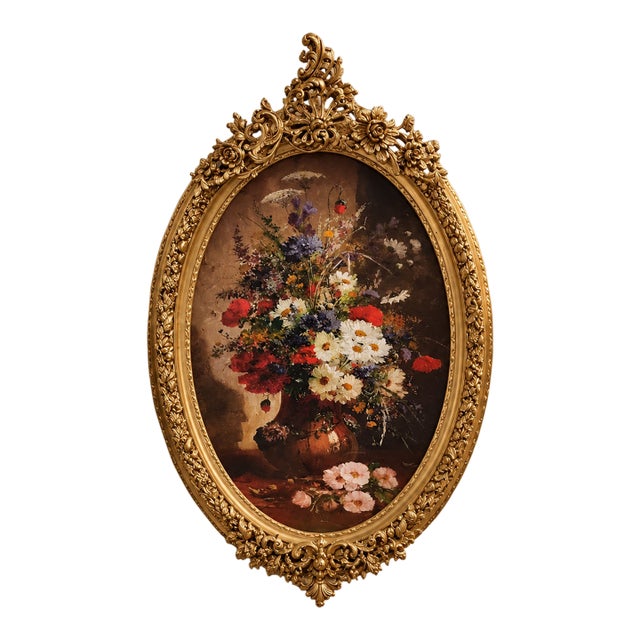 French Louis XVI Floral Wall Panel – Oval Decorative Artwork With Gilded Gold Leaf Frame For Sale