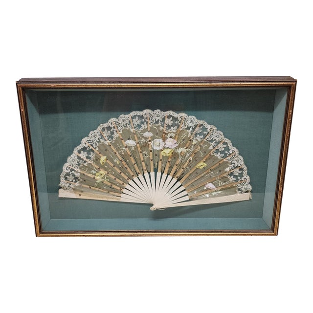 Shadow Box Framed Antique Victorian Lace & Silk Floral Painted Ladies Hand Fan For Sale