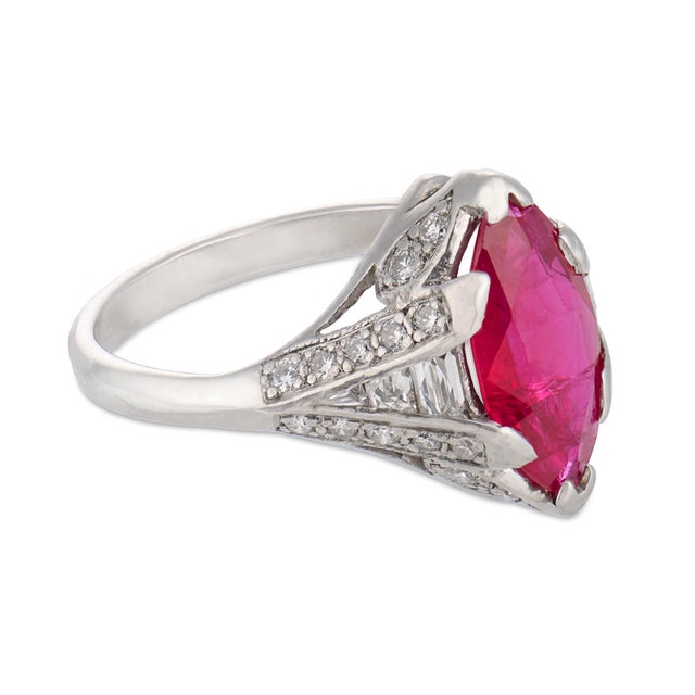 1930s 1930s Late Art Deco Gia 1.50 Carat Ruby Diamond Platinum Engagement Ring, Size 5 For Sale - Image 5 of 5