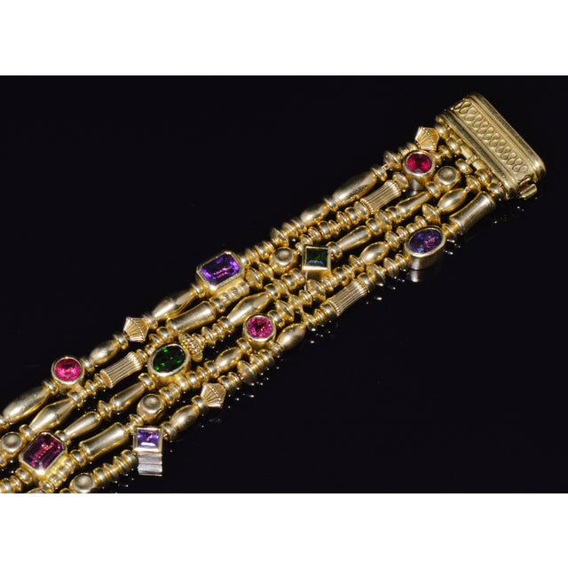 Mid-Century Modern Designer Seidengang Natural Tourmaline Amethst Garnet 18k Solid Gold Multi-Strand Beaded Bracelet For Sale - Image 3 of 14