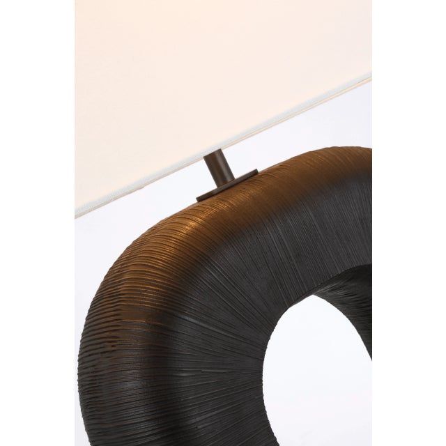 Kelly Wearstler for Visual Comfort Signature Utopia Large Combed Table Lamp in Aged Iron with Linen Shade For Sale In Houston - Image 6 of 8