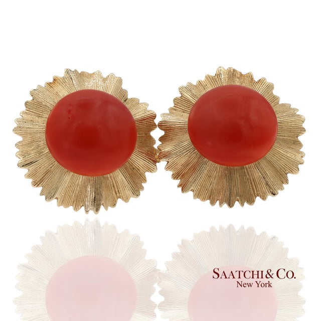 Vintage Gia Certified 14k Yellow Gold Natural Coral Earrings With Omega Back, Pair For Sale - Image 4 of 13