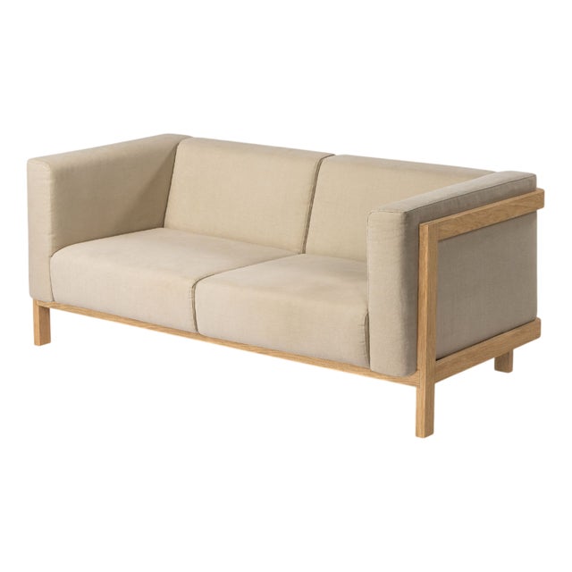 Two-Seater Sofa in Oak and Pearl Fabric by Julien Renault For Sale