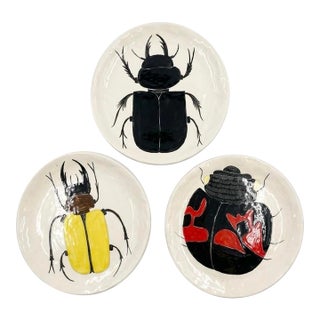 Set of 3 Vintage Handcrafted Ceramic Insect Beetle Plates For Sale