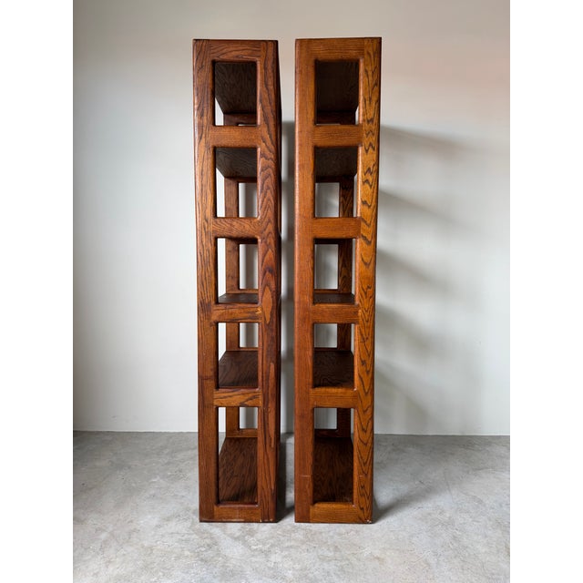1970s Mid-Century Lou Hodges Style Solid Oak Six-Tier Bookcases – A Pair For Sale - Image 11 of 15