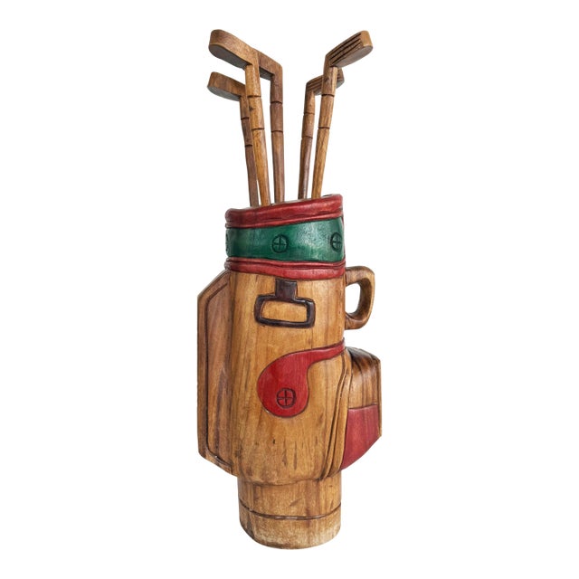 Vintage Life-Sized Carved Wood Set of Golf Clubs Sculpture and Bag For Sale