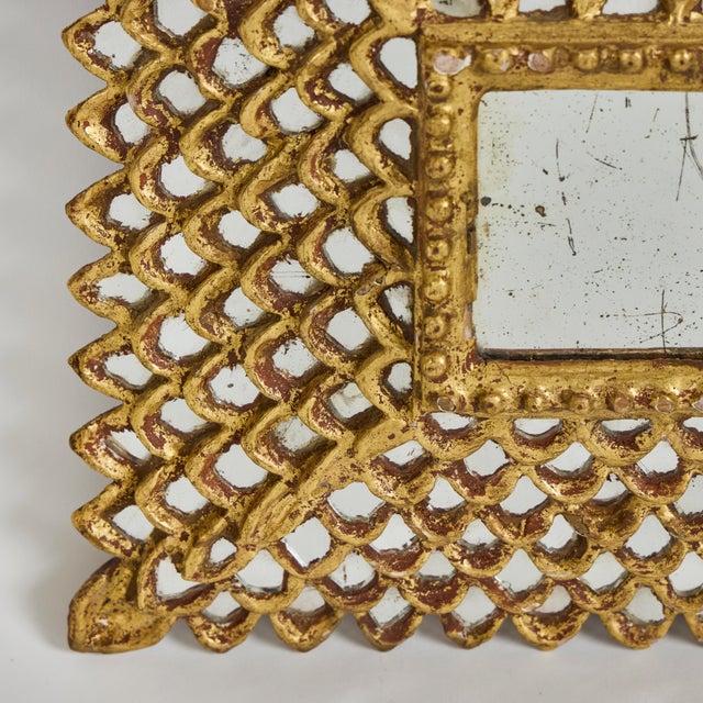 1900 - 1909 Antique French Giltwood Square Mirror W/Fish Scale Mirror Insets For Sale - Image 5 of 14