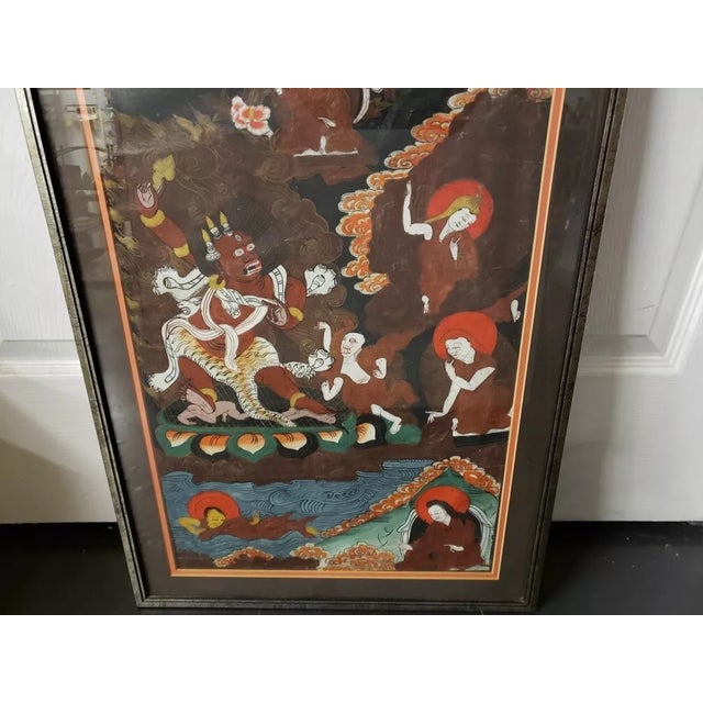 Circa 1970 Tibetan Buddhist Yogi-Saint Milarepa Demon Framed Thangka Narrative Scroll Textile Painting. For Sale - Image 4 of 5