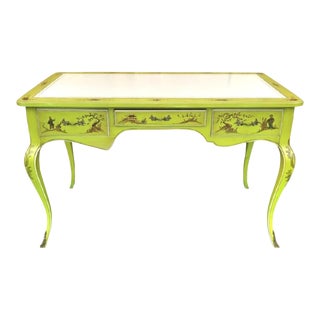 Vintage Baker Light Lime Green Hand Painted Chinoiserie Pagoda Regency Garden Scene 3 Drawer Writing Desk For Sale