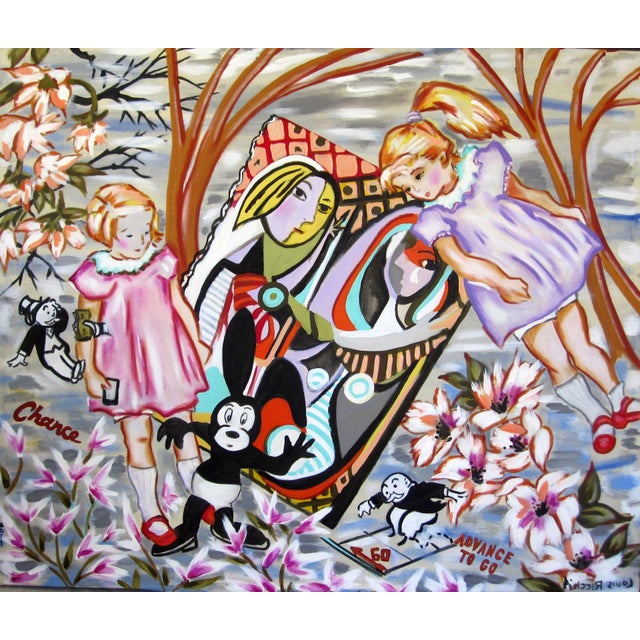 This oil on canvas artwork features a whimsical composition that intertwines playful childhood imagery with abstract...