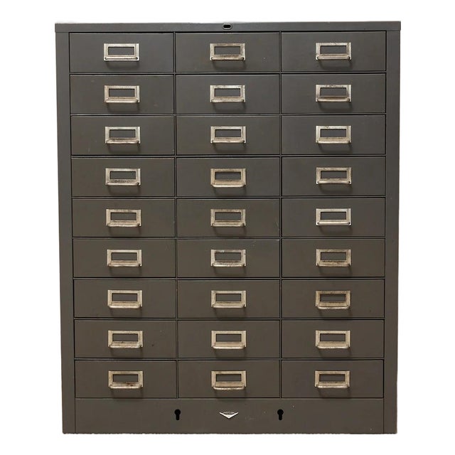 Mid 20th Century Industrial Steel Flat File Cabinet With 27 Label-Pull Drawers For Sale