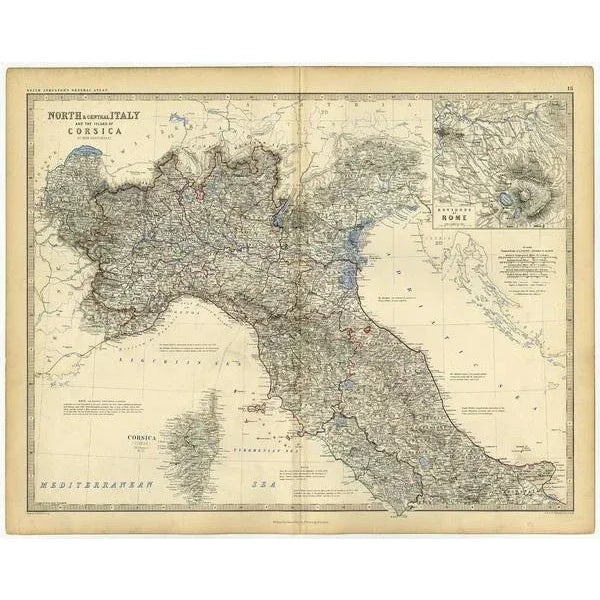 Antique map titled 'north & central italy and the island of corsica'. Old map of north and central italy, and the island...