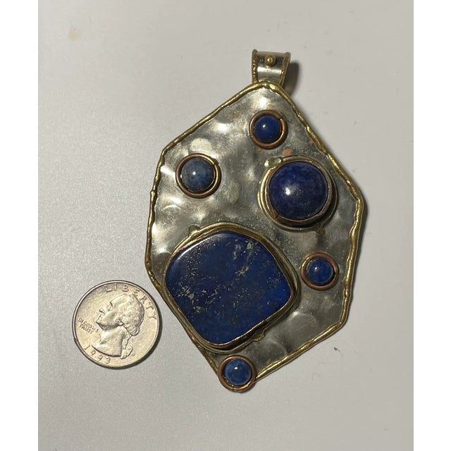 Blue Lapis and Hammered Silver Oversized Pendant For Sale - Image 4 of 4