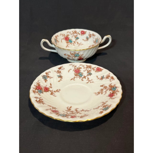 Minton 1950s Minton Ancestral Footed Cream Soup Bowl & Saucer Sets English Bone China- 8 Sets For Sale - Image 4 of 9