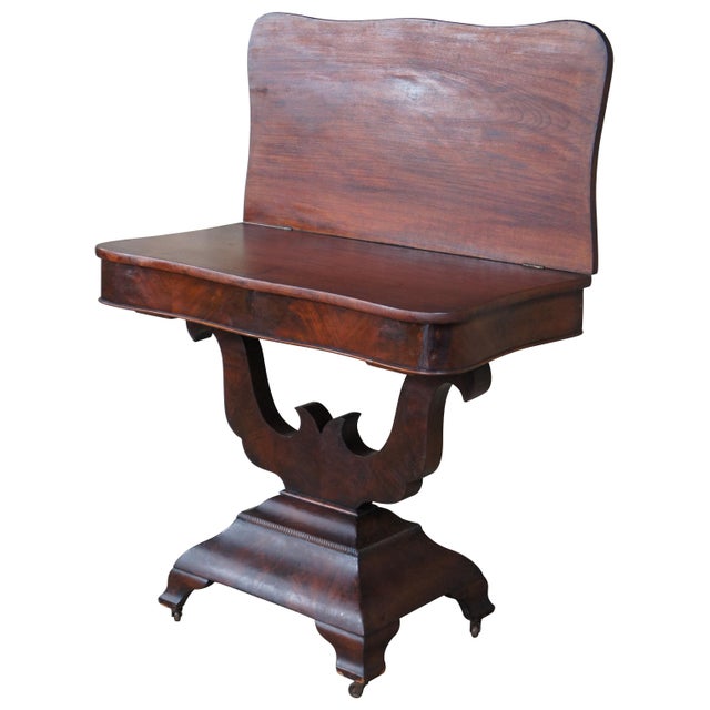 Antique American Empire Pillar & Scroll Flame Mahogany Flip Top Game