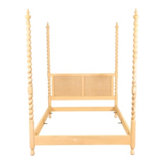 Baker Furniture English Country William & Mary Barley Twist and Cane Cream Lacquered Queen Size Poster Bed For Sale