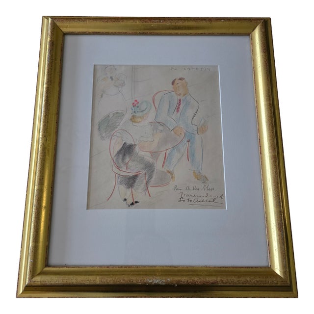 Vintage Mid Century Modern Signed Café Scene For Sale