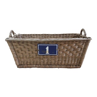 Rustic Primitive Farmhouse French Wicker Market Basket With Number Plate For Sale