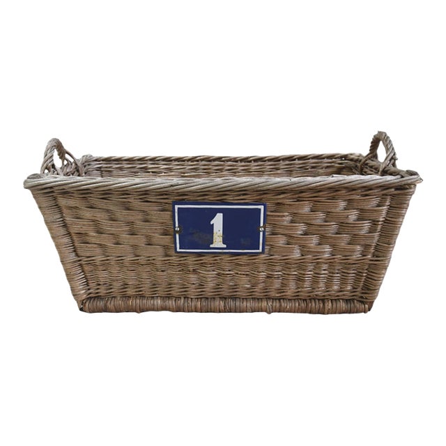 Rustic Primitive Farmhouse French Wicker Market Basket With Number Plate For Sale