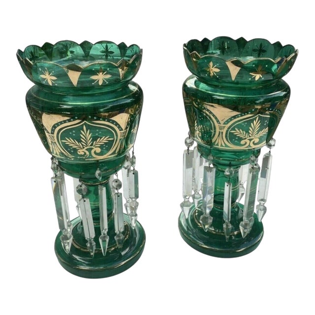 Pair Antique Victorian 14" Emerald Green & Gilt Art Glass Mantle Lusters With Prisms For Sale