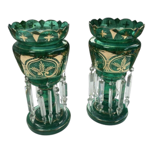Pair Antique Victorian 14" Emerald Green & Gilt Art Glass Mantle Lusters With Prisms