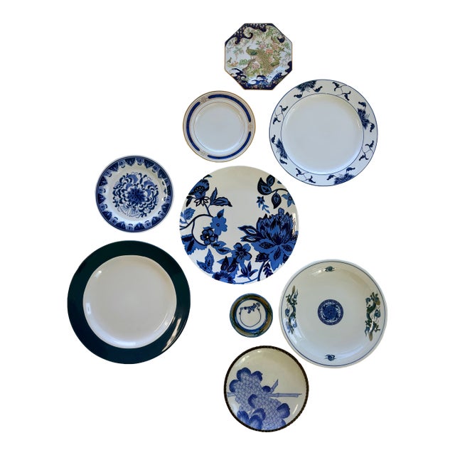 Olive and Navy Blue Chinoiserie Flowers and Borders Wall Plate Curation-Set of 9 For Sale