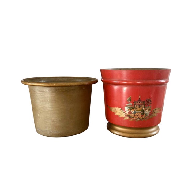 Vintage French Tole Chinoiserie Gilt & Orange Cache Pot / Jardinere / Planter, a Pair For Sale - Image 4 of 10