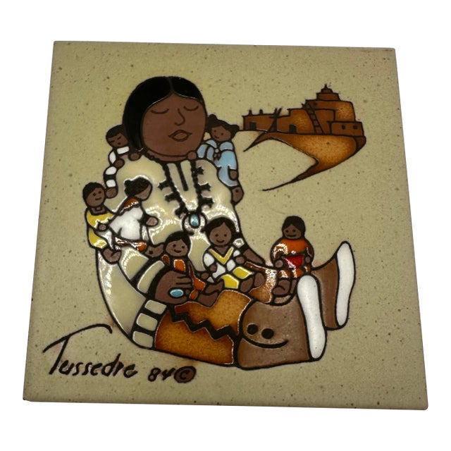 1970s Cleo Teissedre Handpainted Storyteller Ceramic Tile 84’ Woman With Kids Trivet For Sale
