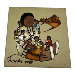 1970s Cleo Teissedre Handpainted Storyteller Ceramic Tile 84’ Woman With Kids Trivet
